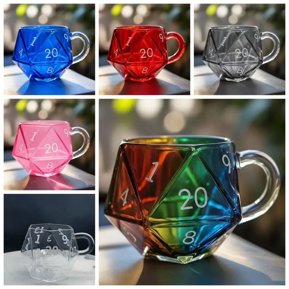 Transparent Glass Rainbow D20 Dice Mug with Handle Fantasy Themed Polyhedral Dice Coffee Cup Game Mug for RPG Lovers