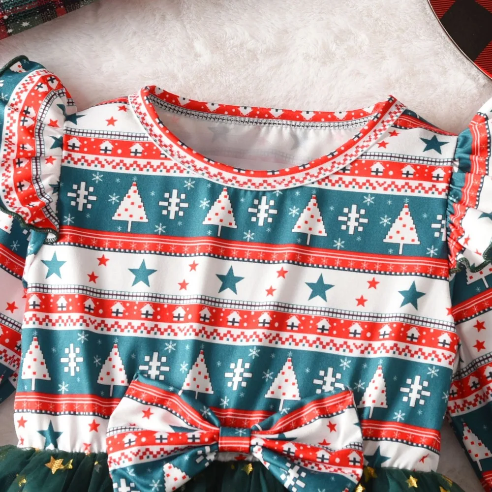 فستان شجرة عيد الميلاد اللطيف 2025 عطلة ملابس الأطفال الخريف جديد بأكمام طويلة القوس المرقعة ستار شبكة الفتيات فساتين