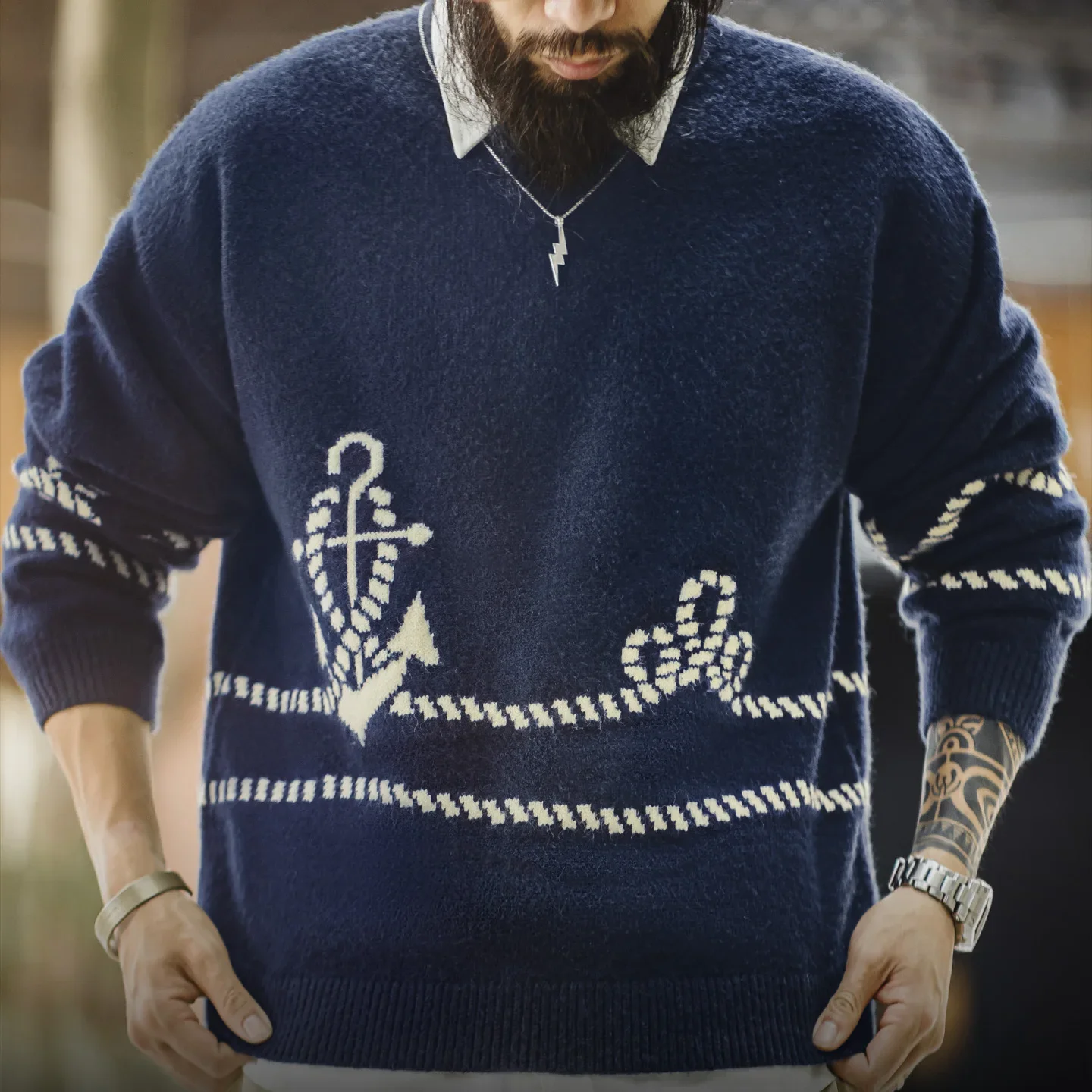 Men’s Crew Neck Navy Blue Soft Warm Casual Winter Jumper  Anchor Pattern Sweater Thick Knit Pullover