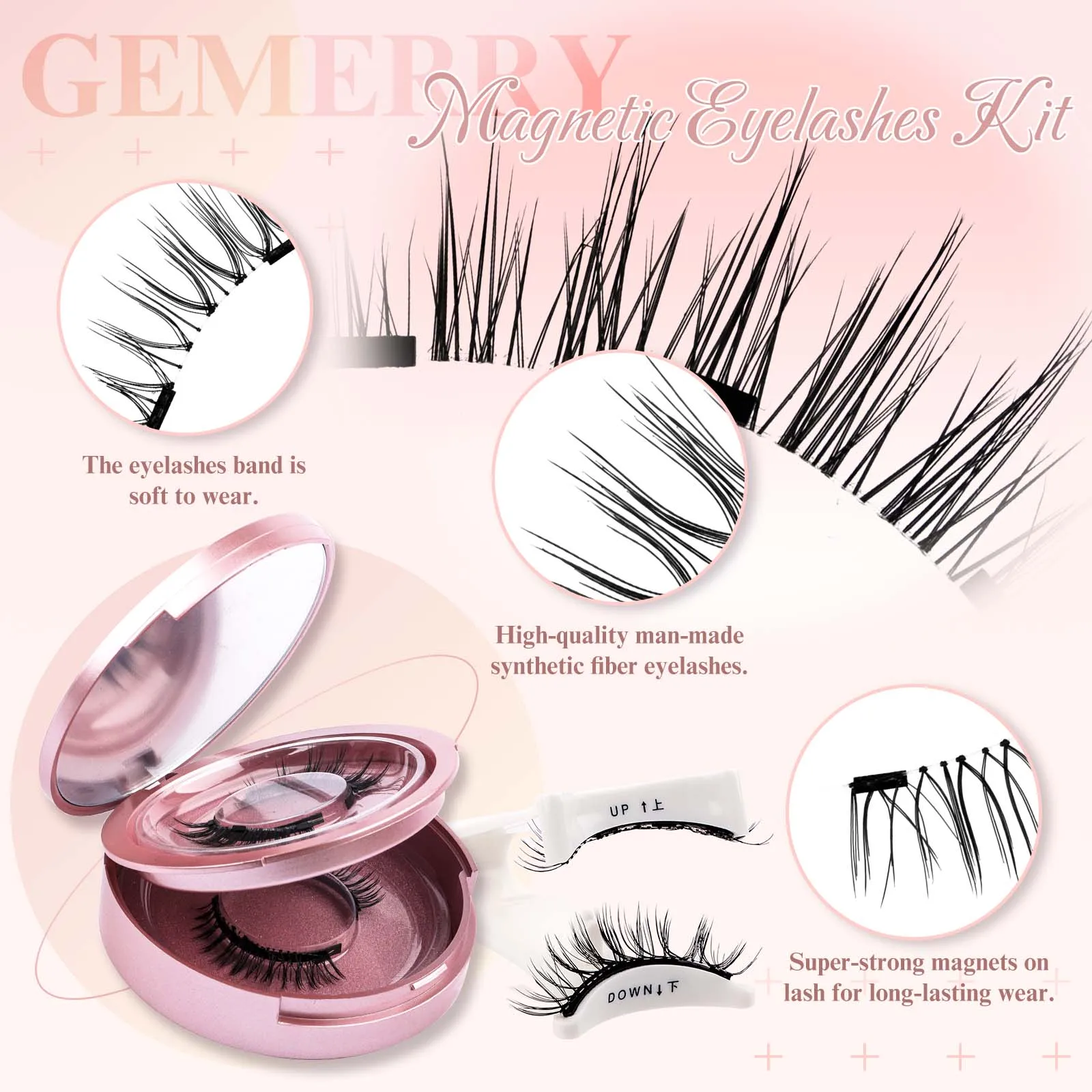 GEMERRY Magnetic Eyeashes with Applicator Glue Free Reusable 1/2 Pairs Natural Black False Eyelashes Kit No Glue 3D Mink Lashes