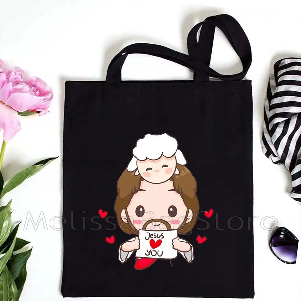 Cartoon Jesus Christ Floral Cross Love Faith Cute Christian Bible Belief Flowers Harajuku Cotton Canvas Tote Bag Shopper Handbag