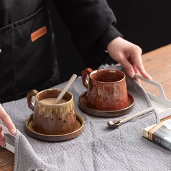 Vintage Ceramic Mug Stoneware Coffee Cup & Saucer Set Gradient Glazed Milk Afternoon Tea Cup Bread Pan 310ml Mug Drinkware Home
