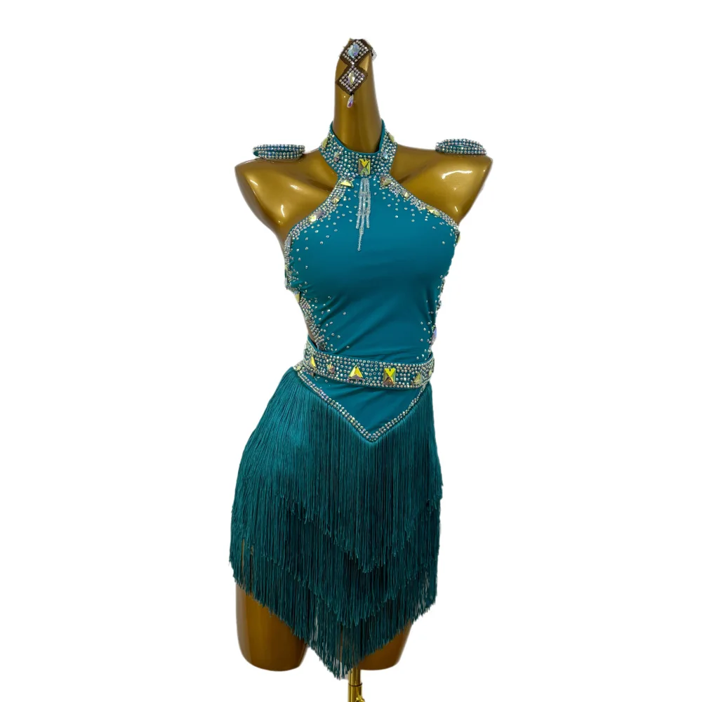 فستان راقص لاتيني للأطفال البالغين عالي الجودة مخصص بسلسلة من اللؤلؤ وشرابة تنورة تانجو سامبا AB Stone Performance