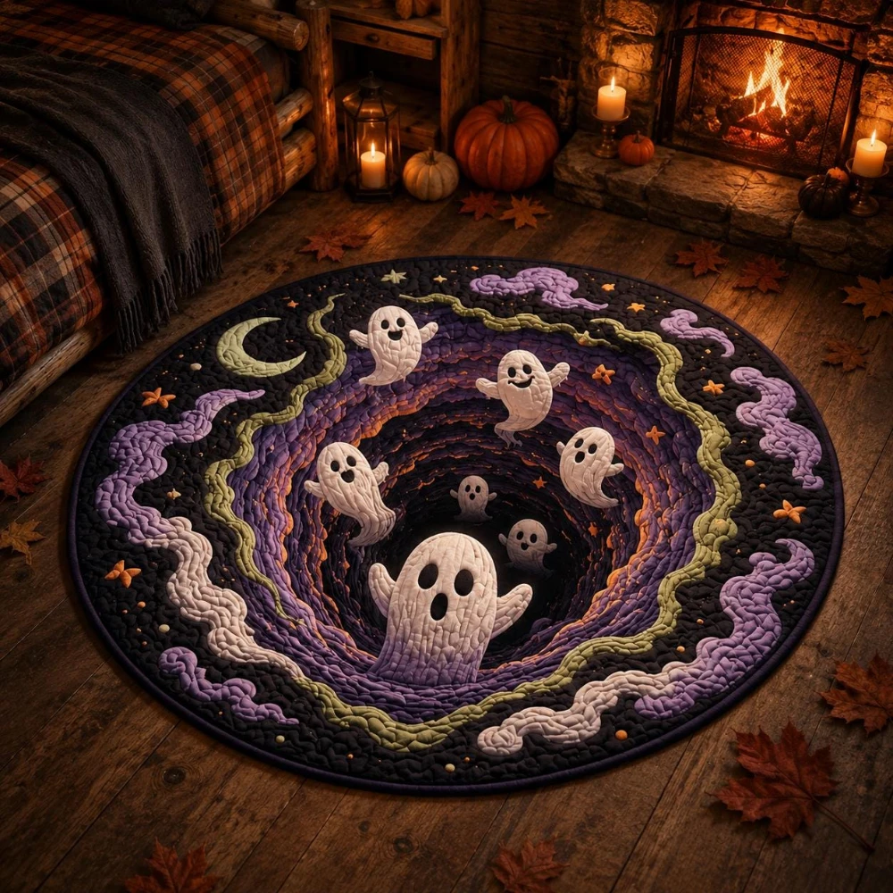 Halloween Crescent Moon Little Ghost Vortex Optical Illusion Round Rug bedroom home decor game room movie room living room Rug