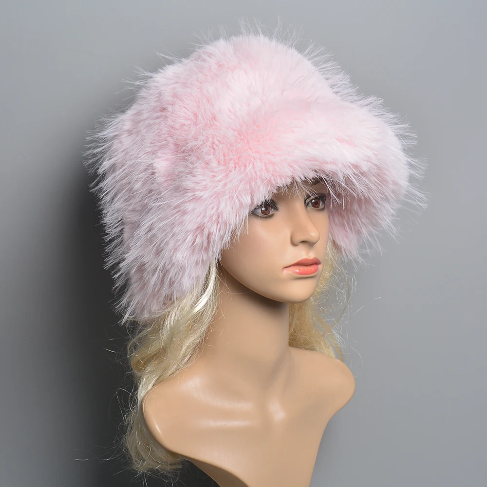 New Women Winter Luxury Knitted Faux Fur Bomber Hat Natural Warm Faux Fur Cap Girls Quality Soft 100% Genuine Faux Fur Hats