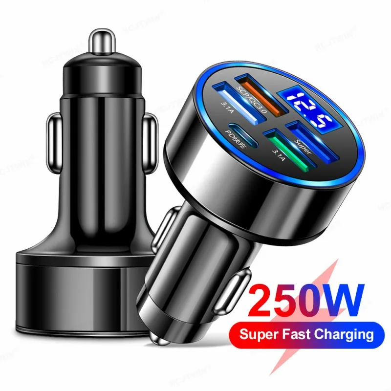 

5 Ports Fast Charge PD QC3.0 USB C 250W LED Car Charger Car Phone Charger Type C Adapter in Car For iphone Samsung Huawei Xiaomi