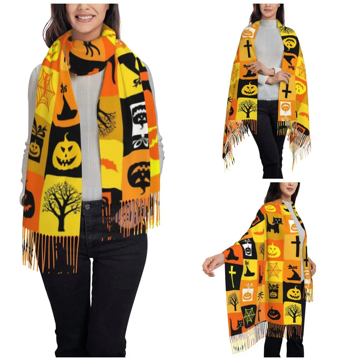 Halloween Scarf for Womens Fall Winter Pashmina Shawl Wrap Pumpkins Bats Ghost Single-sided Pattern Shawl Scarf Ladies