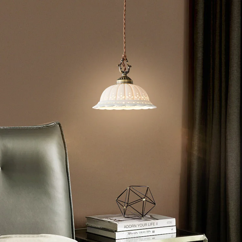 Retro All-copper Bedroom Bedside Chandelier Modern Old Ceramic Small Chandelier Living Room Dining Room American Ceiling Lamp