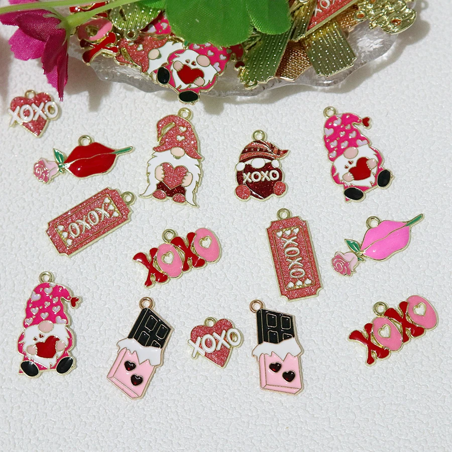 10 Uds. Colgante de aleación XOXO de San Valentín Kiss Hug, labios de rosa de Chocolate, dijes de Metal, joyería DIY, bolsa de ropa, decoración, regalo para amantes