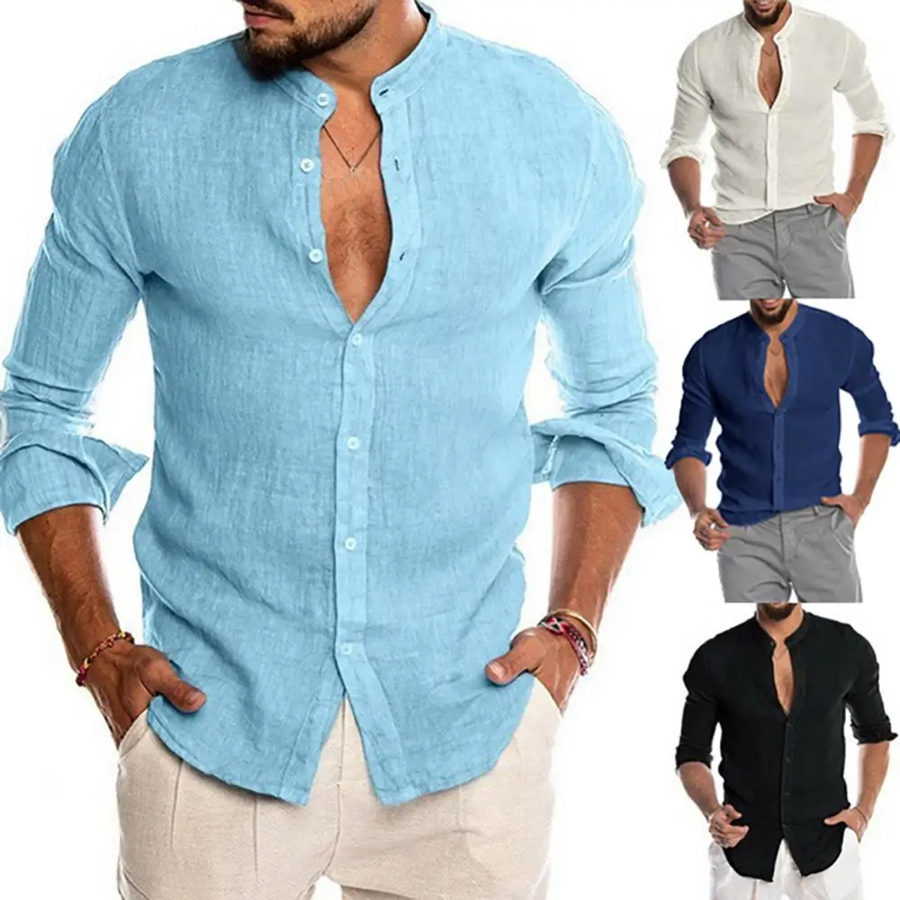 Chemises de plage en coton et lin pour hommes, chemises à manches longues, couleur unie, col montant, chemises décontractées, Cardigan