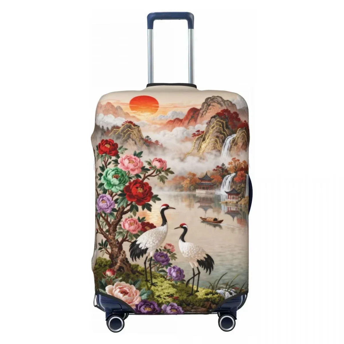 Oriental Crane Mountain Landscape Print Luggage Cover Elastic Suitcase Protector Dustproof Anti Scratch Travel