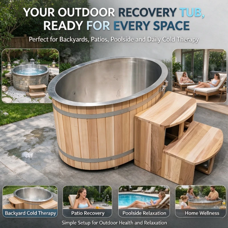 Customized Wooden Outdoor Stainless Steel Liner Cold Plunge Tub Portable Wood Barrel Ice Bath Tub Recovery Pod Chiller