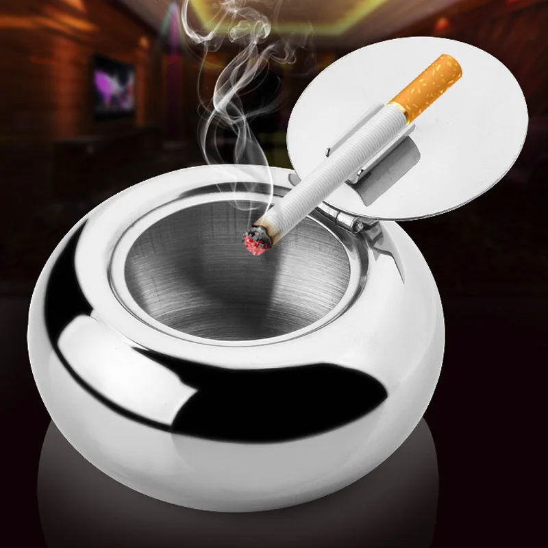 

Stainless Steel Cylindrical Thickened Ashtray With Lid, Windproof And Dustproof, With Sealing Function. Fashionable Barware