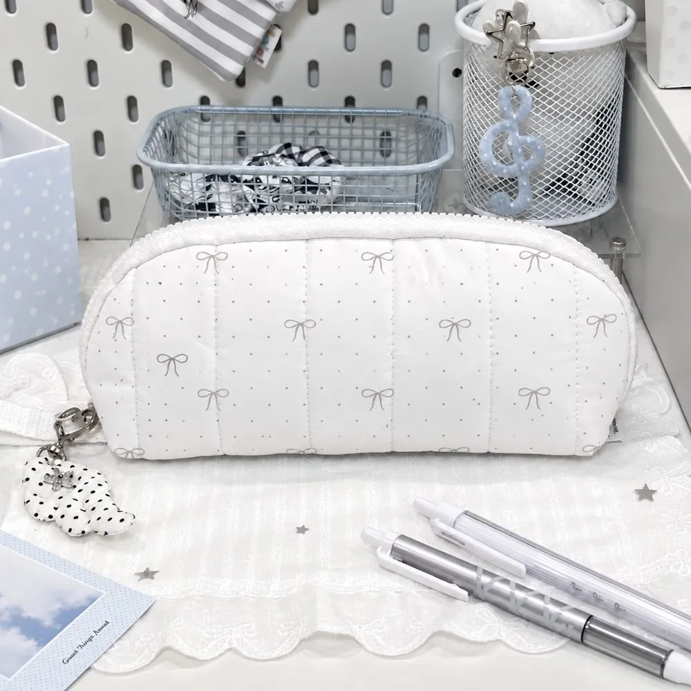 Durable Polka Dot Pencil Case Shell Shape Handheld Pen Bag Bowknot White Stationery Organizer School Supplies