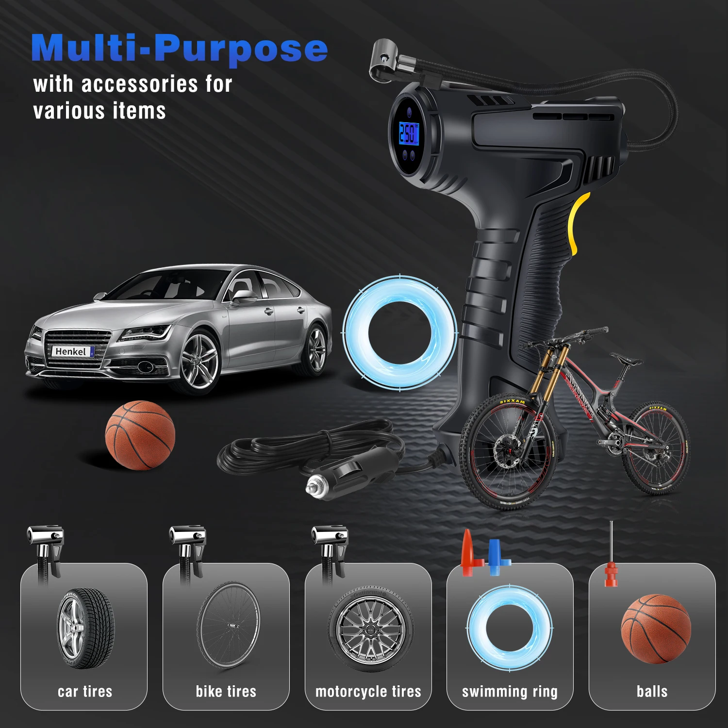 Kku-bomba de inflado de neumáticos, compresor portátil de mano para parada de coche, 12V, pantalla Digital para bicicleta y motocicleta