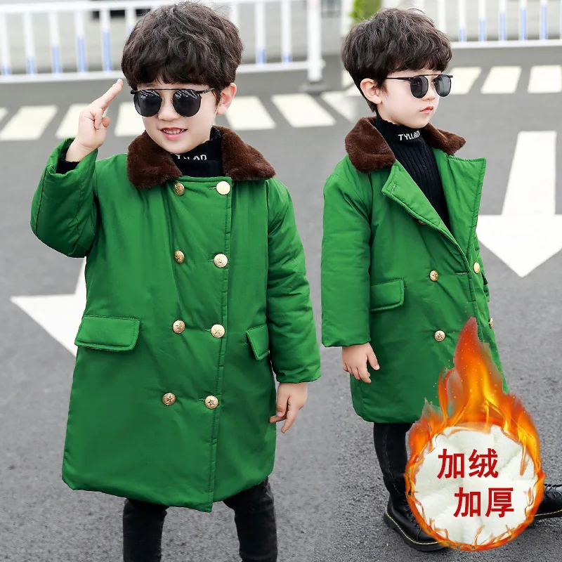 Children's 2-14 years old army coat with cotton thickened warm medium long army green boy's vintage coat with cotton wool