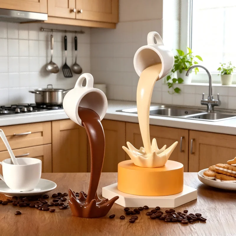 Floating Coffee Cup Sculpture Artistic Resin Ornament Creative Splash Design Stylish Desktop Accent Decor for Home Kitchen Room