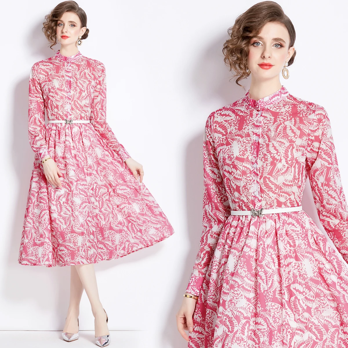 2024 Spring/Summer New Printed Butterfly Long Sleeved Belt Slim Fit Dress Pink Skirt