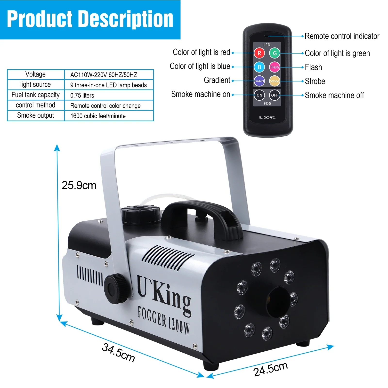 U`King 1200W Smoke Machine with 9PCS RGB Lamp 3 in 1 LED Stage Spray Equipment Stage Performance Wedding Banquet Fog Machine