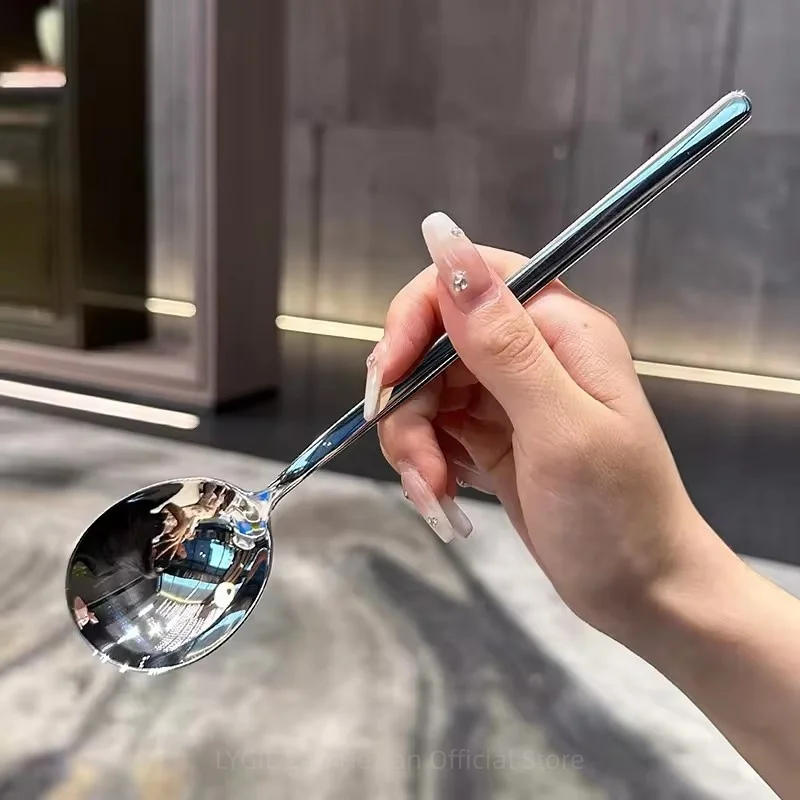 

Stainless Steel Spoon Korean Long Handle Tableware Thicken Stirring Ice Spoon Household Dinner Spoon