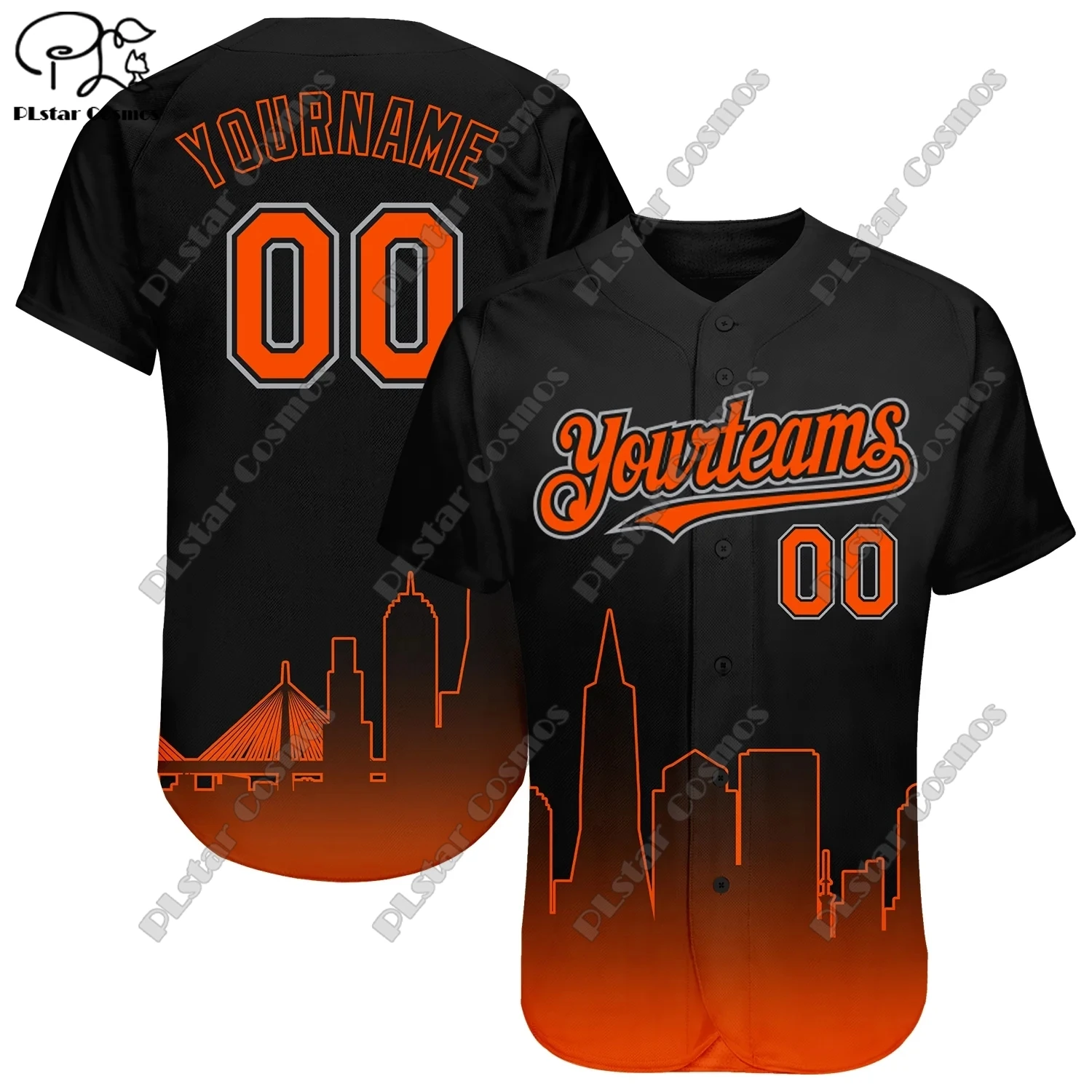 3D Printing Baseball Shirts Custom Name Black Red Gray City Silhouette Gradient Fade Fashion Baseball Shirts Unisex