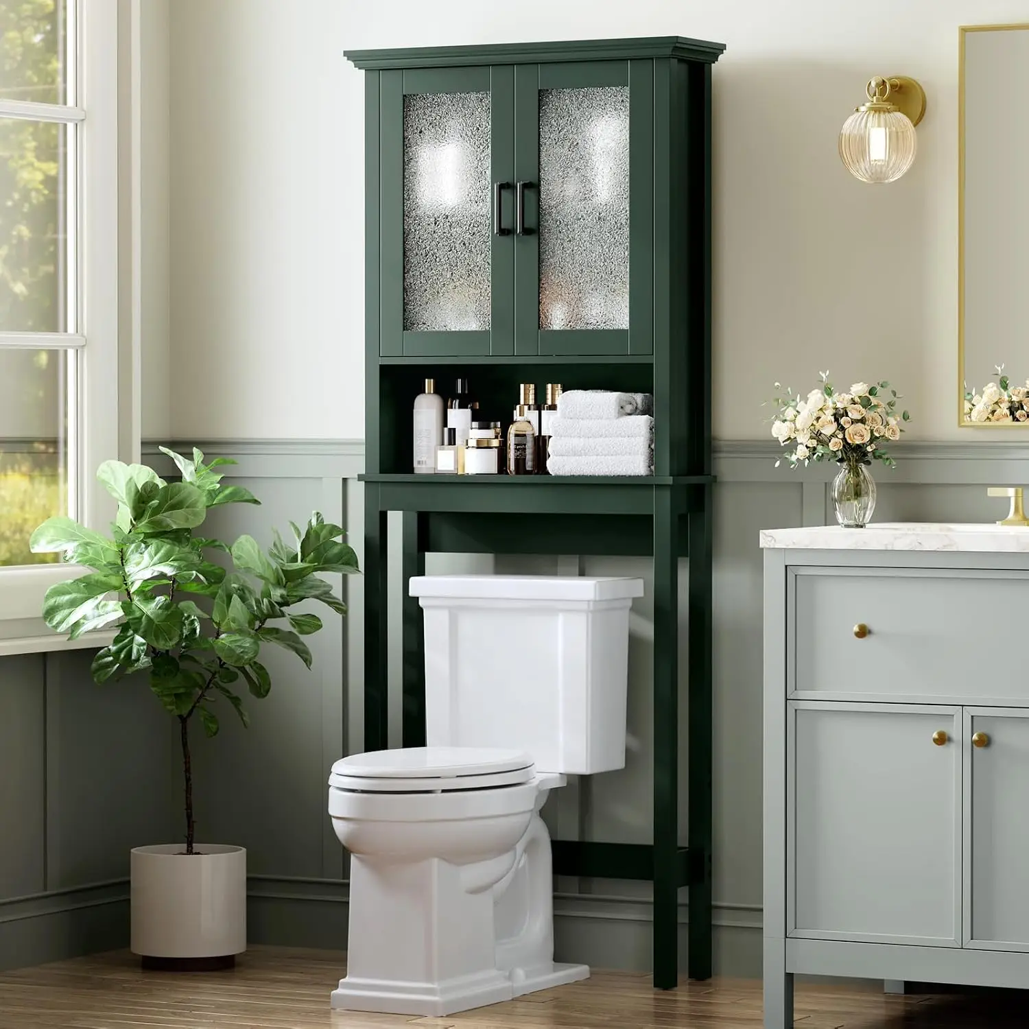 Over Toilet Storage Cabinet Glass Door Adjustable Shelf Bathroom Organizer Metal Frame Forest Green, Customized