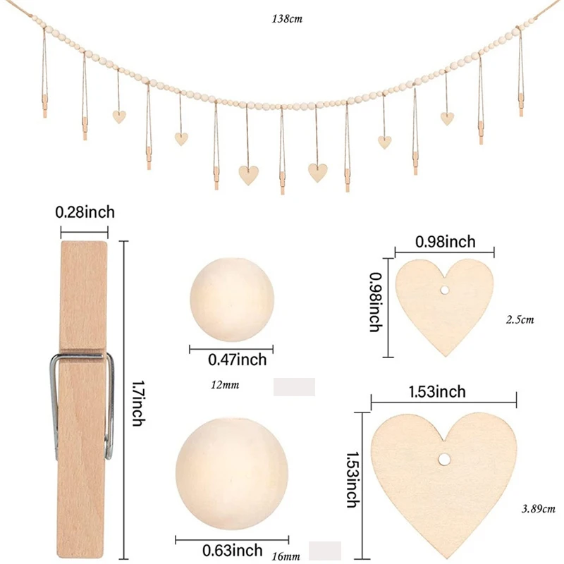 Hanging Photo Display Wall Decor - Rustic Boho Wooden Beads Garland Frame with 9 Wood Clips & 6 Wooden Heart Tags, Picture Card view 6