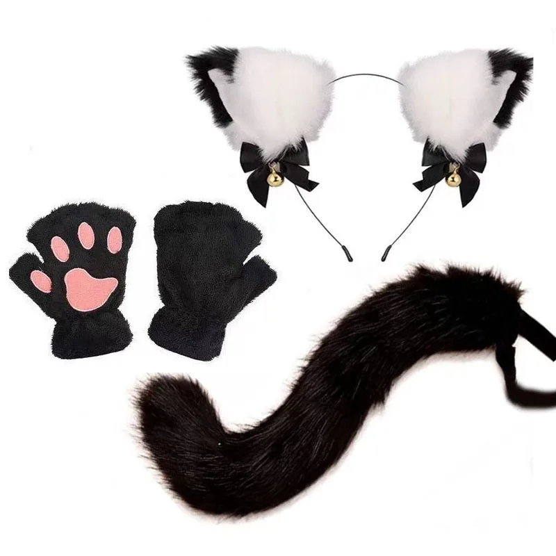 Handgefertigte Katzenohren-Glocken-Stirnband- und Schwanz-Accessoire-Sets, schwarz, pelzig, für Halloween, Cosplay, Party, Tanz, Performance, Bekleidung, Kostüm-Requisiten – Detail 16