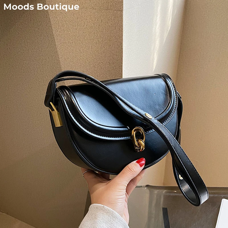 MOODS Retro Crossbody Bags For Women Pure Color Metal Lock Mini Saddle Shoulder Bag 2023 Luxury Designer Purses And Handbags Sac