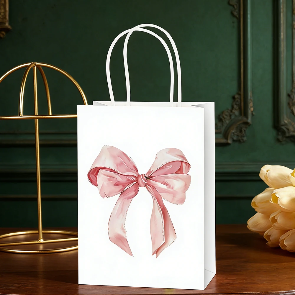 Pink Gift Bag Ribbon Bowknot Paper Handbag Birthday Party Treat Pouch Sweet Candy Favor Bag Wedding Jewelry Organizer Bag