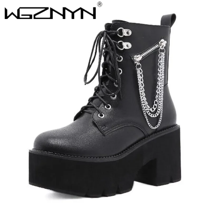 Autumn NEW Women's Punk Goth Ankle Boots British Style Women Round Toe Black Shoes Women Boot Metal Chain Thick Heel Botas Mujer