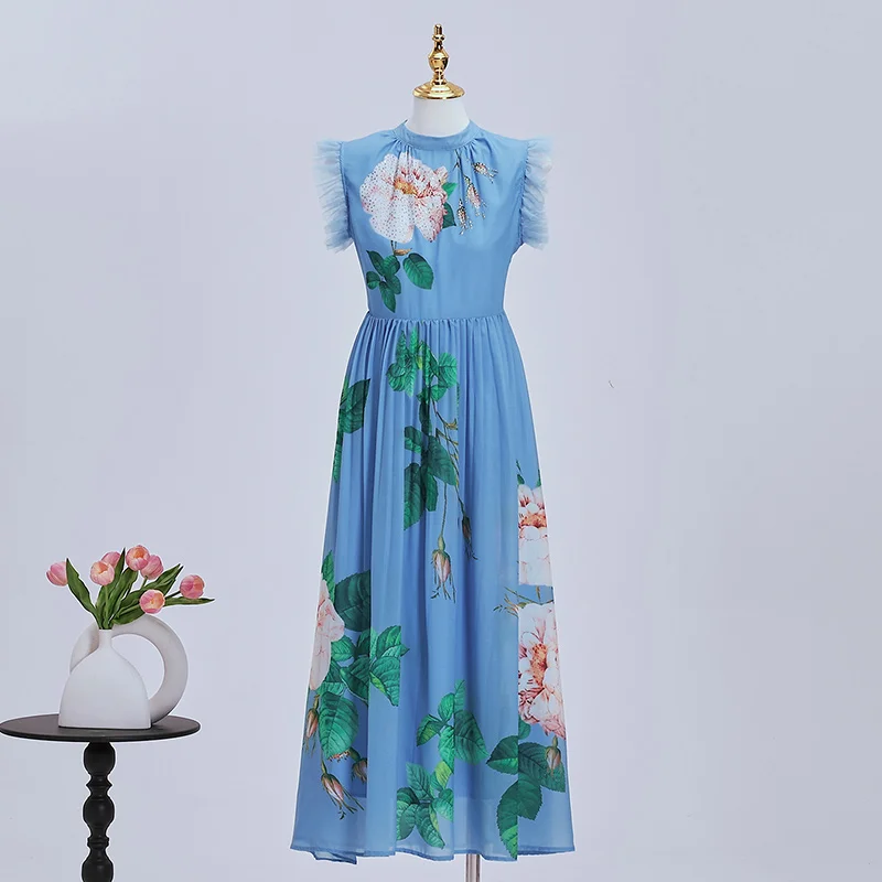 

Women's Fashion Sequins Spliced Long Dress Stand Flying Sleeve High Waist Patchwork Mesh Summer 2026 New Clothing
