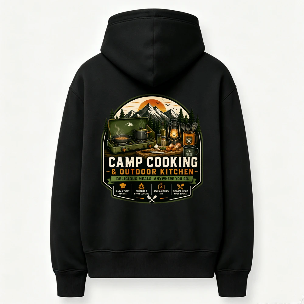 Camp Cooking & Outdoor Kitchen Mountain Sunset Camping Cookware Graphic Hoodie Wilderness Camper Cooking Quote Sweatshirt Tops