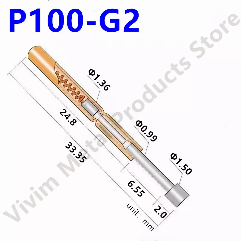 100PCS P100-G2 Spring Test Probe Pogo Pin Spring Test Pin Length 33.35mm Needle Dia 1.36mm Test Probe Head Dia 1.50mm P100-G