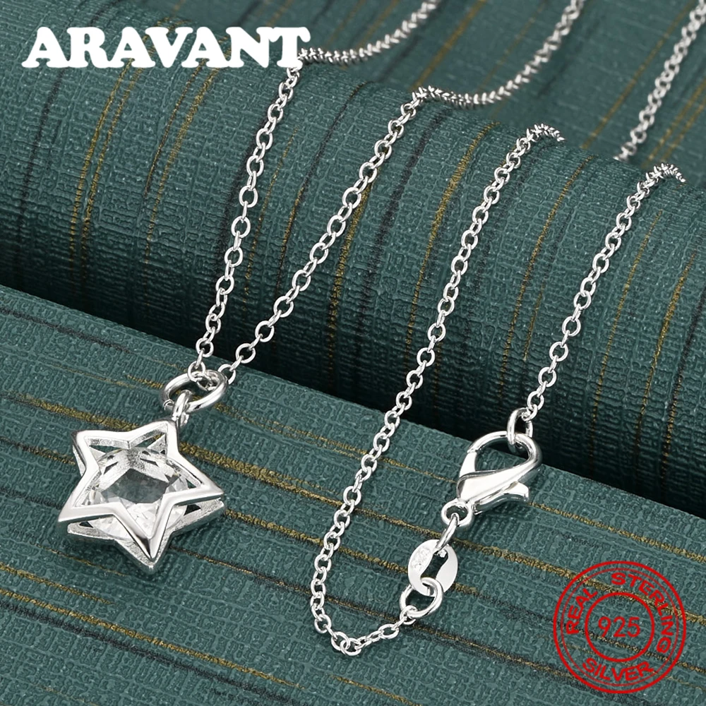 925 Sterling Silver Five-Pointed Star Zirconia Pendant Necklace, Exquisite And Cute Wedding Party Jewelry For Women