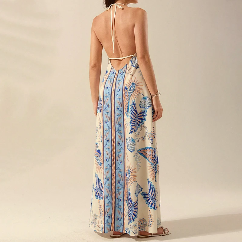Mode Muster Gedruckt Hosenträger Kleid Sexy Backless Hohl Sommer Lange Kleider Low Cut V-ausschnitt Ärmelloses Plissee Strand Kleid
