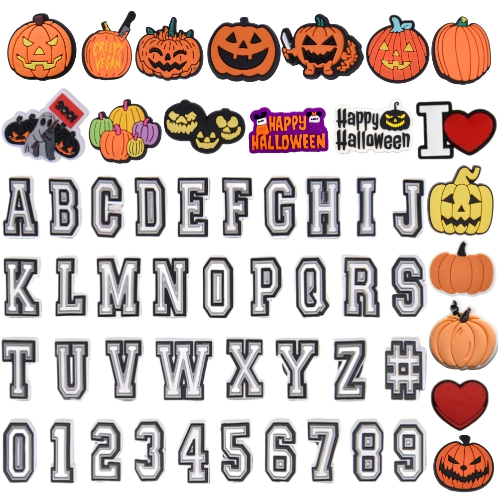 

55Pcs Letters Numbers and Halloween Shoe Charms，Horror Skull Pumpkins for Sandal Wristband for Women Men Adult