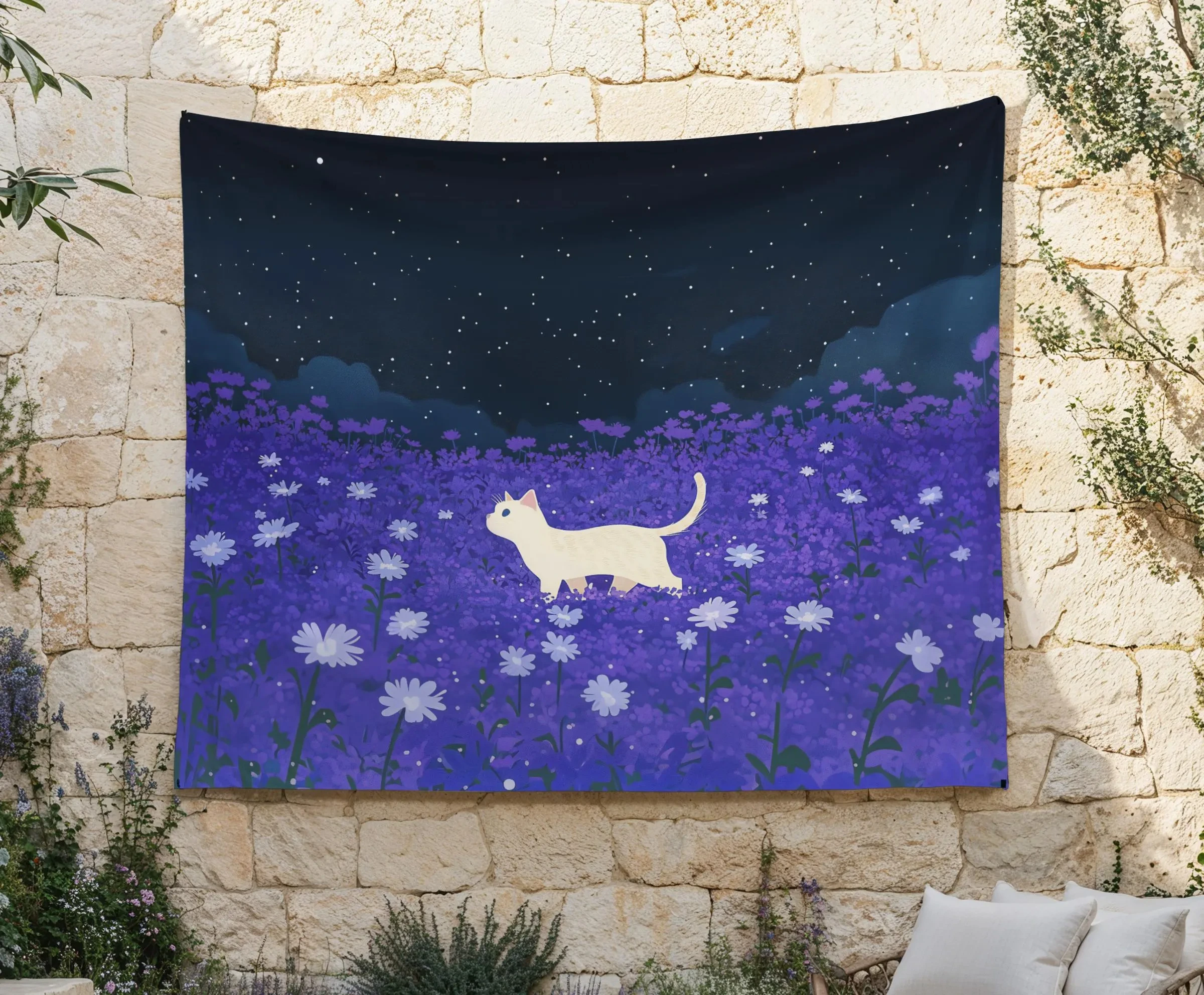 Field of Purple Tapestry, Spirit Cat Wall Hanging, Night Lavender Scenery with Stars, Violet Floral Wall Art for Home Decor