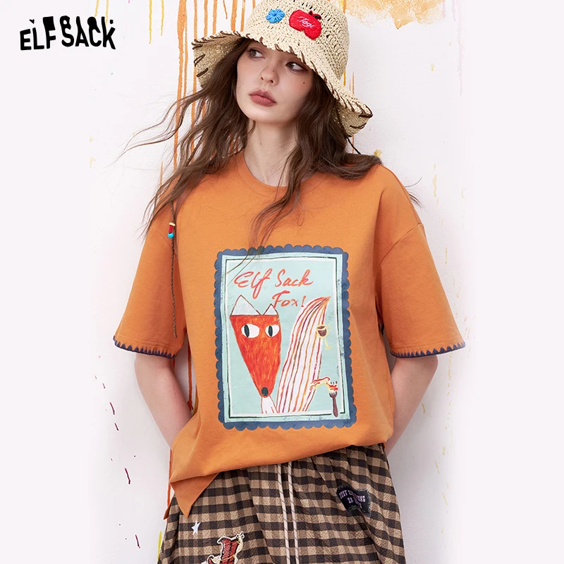 

ELFSACK Vintage Poster Print Graphic Tee with Fox Motif, Soft Cotton Streetwear T-Shirt, Casual Short Sleeve Top for Women