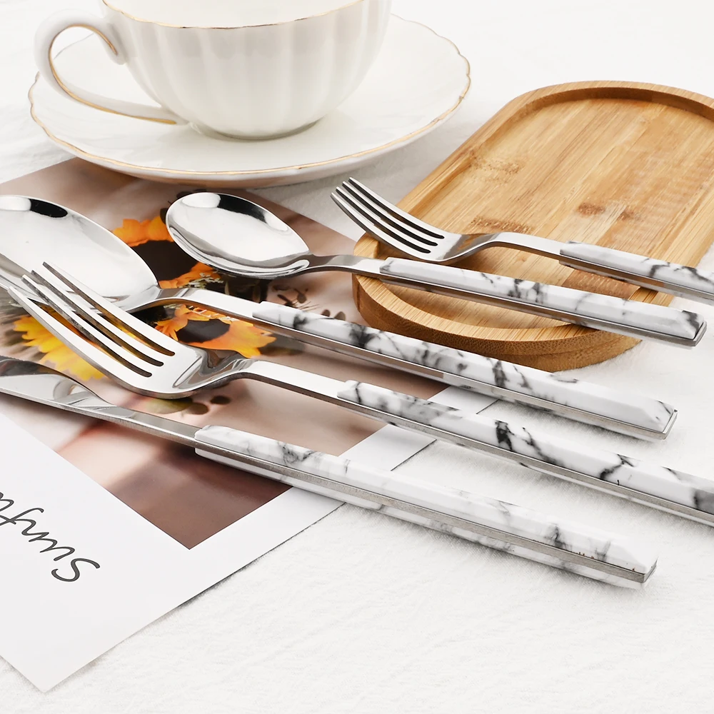 24/30Pcs White Silver Dinnerware Set Imitation Wooden Handle Cutlery Set Knife Fork Tea Spoon Tableware Stainless Steel Flatware