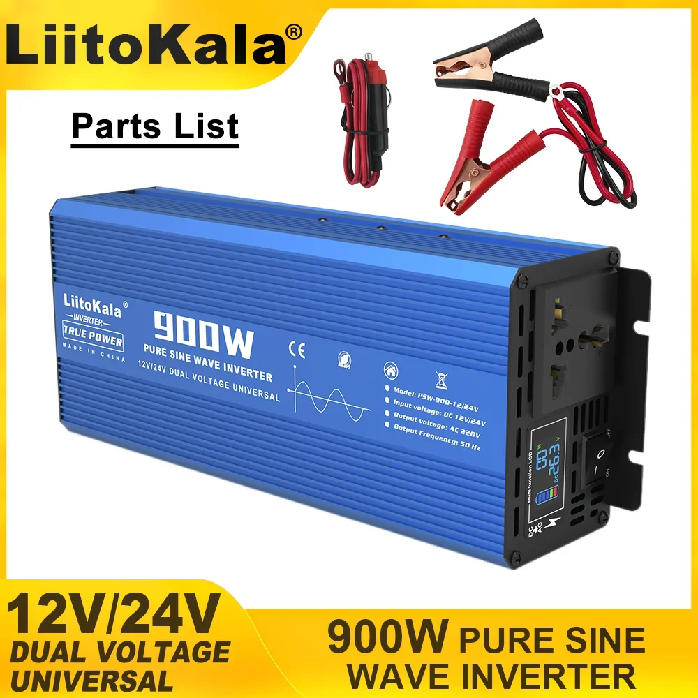 LiitoKala 900W/1800W Intelligent Sine Wave Inverter 12V/24V Input 220V 50Hz Output Multiple Protection Metal Shell