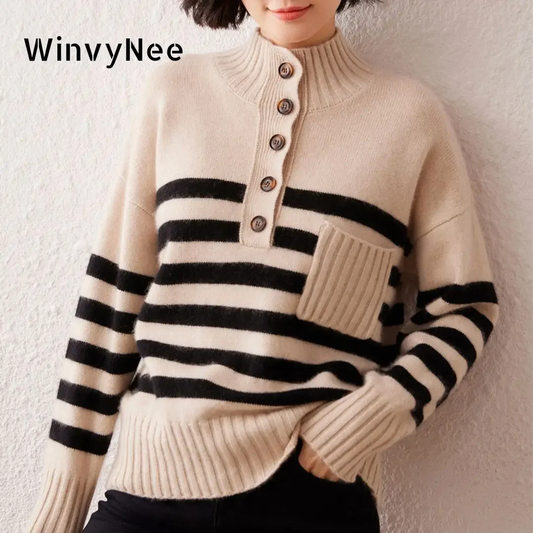 WinvyNee Women's Cashmere Wool Striped Sweaters Crew Neck with Buttons Loose Outerwears Warm Pullover Clothing Winter A1044048