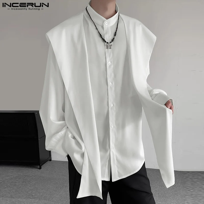 INCERUN Tops 2024 Koreaanse Stijl Mode heren Sjaal Capuchon Ontwerp Shirt Streetwear Mannelijke Effen All-Match Lange mouwen Blouse S-5XL