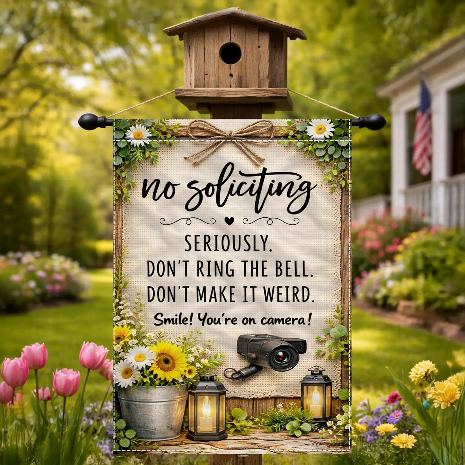 No Soliciting Dont Ring The Bell Garden Flag 12x18 Inch Double Sided Outdoor Yard Decor Youre On Camera Sign Polyester jjp