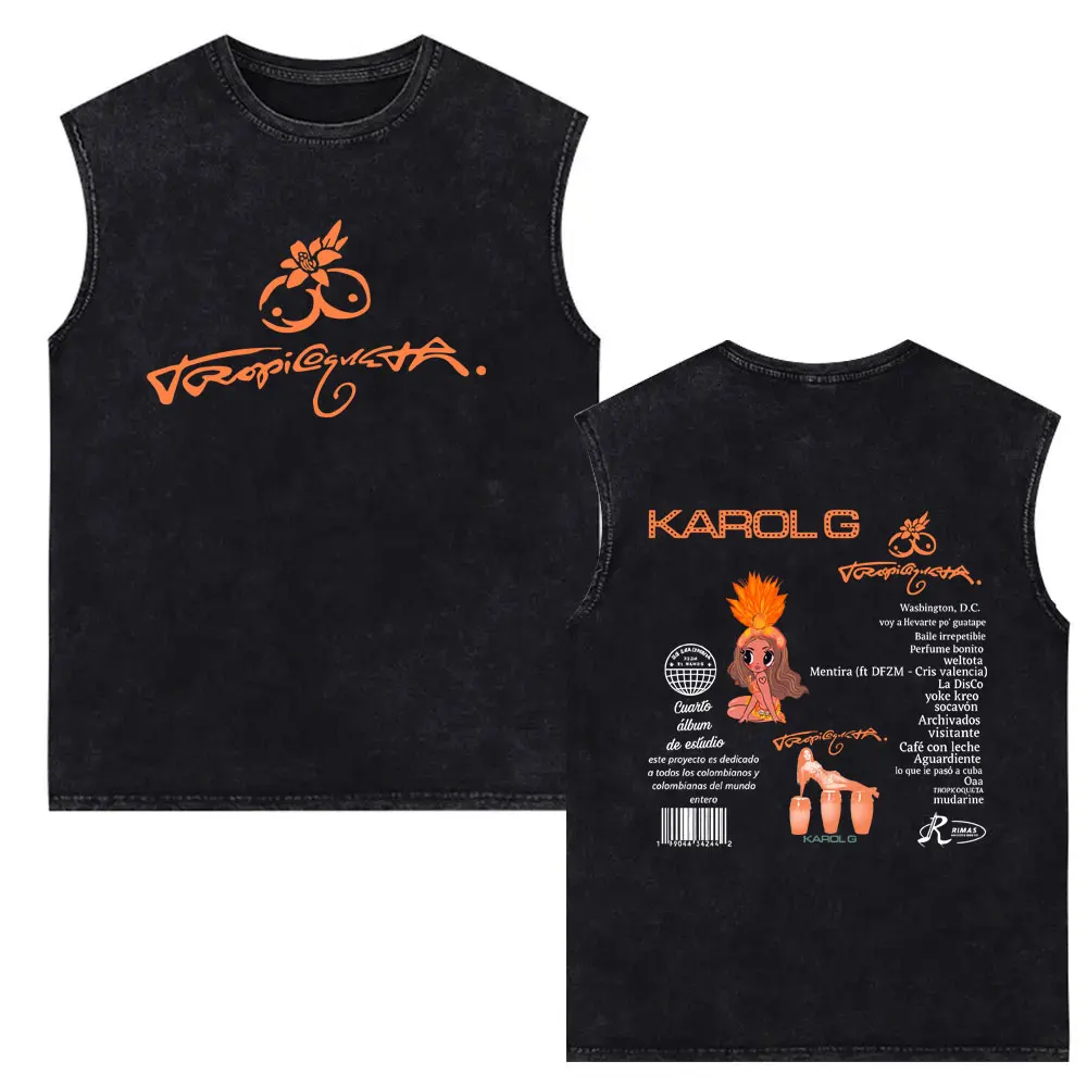 

Karol G Tropicoqueta Vintage Washed Tank Tops Men Women Clothing Fashion Pop Album Graphic Sleeveless Vest Oversized T Shirts