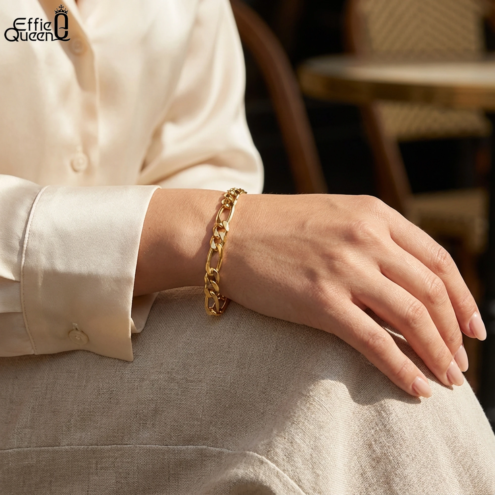 

EFFIE QUEEN 18K Gold 925 Sterling Silver 3.3mm & 5mm Diamond-Cut Figaro Chain Bracelet Simple Jewelry for Women, Men Gift SB66