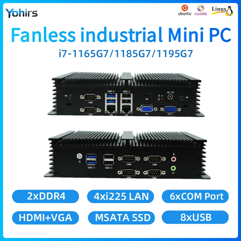 PC incorporato senza ventola Intel Core i7-1165G7 1185G7 Mini PC 4G SIM RS485 COM Dual 2.5G LAN Automazione industriale Computer bordo veicolo