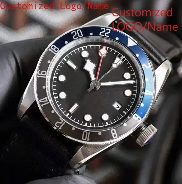 Automatic Mechanical Watch Men GMT Luminous Stainless Steel Black White dial Leather Ceramic Sapphire Watches Customized