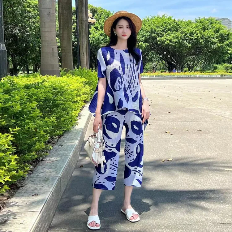 Plissado sênior sentido calças finas terno roupas femininas temperamento moda impressão elegante terno de duas peças 2025 verão novo