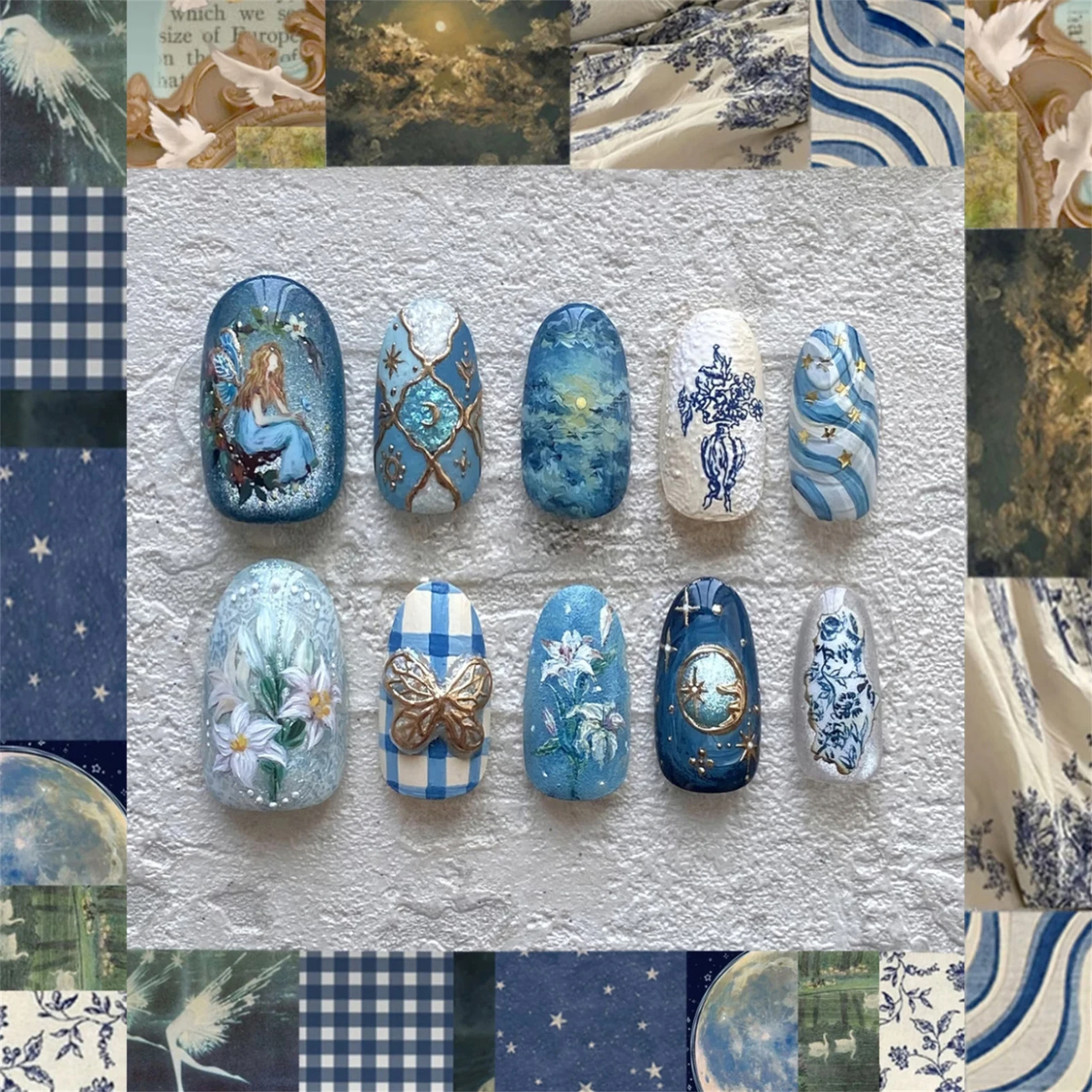 24pcs Vintage Garden Fake Nails Almond Press On Nails Removable Blue Gentle Elegant False Nails With Butterfly Flower Designs